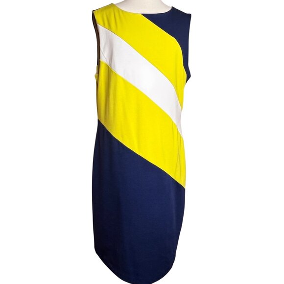 Ann Taylor Sleeveless Color block Sheath Dress Size 18 Blue Yellow White Career - Picture 1 of 14